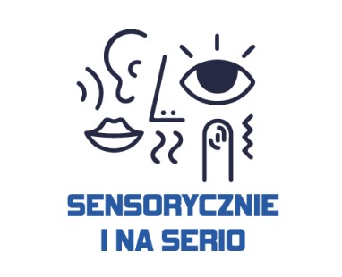 Logotyp wydarzenia sensorycznie i na serio. Poukładane w mozaikę piktogramy prezentujące różne zmysły. dźwięk dochodzący do ucha, zapach dochodzący do nosa, palec symbolizujący dotyk, oko wzrok i usta smak.