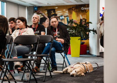 Fragment sali konferencyjnej, na krzesłach siedzą ludzie, przy mężczyźnie z laską leży pies przewodnik